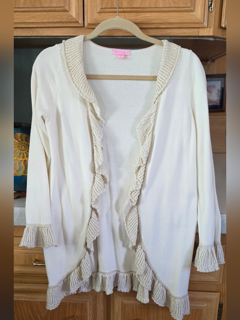 Lilly Pulitzer Vintage Ivory Open-Front Cardigan Ruffle Trim Size XL
